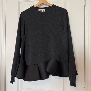 Aniye By Charcoal Grey crewneck sweater with Black Ruffle Hem, large